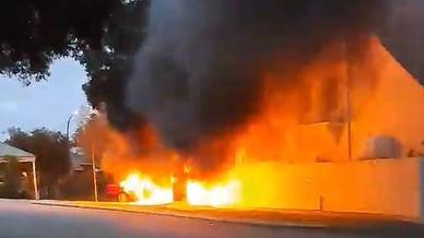 Dramatic footage as convertible BMW vehicle up goes in flames in West Leederville